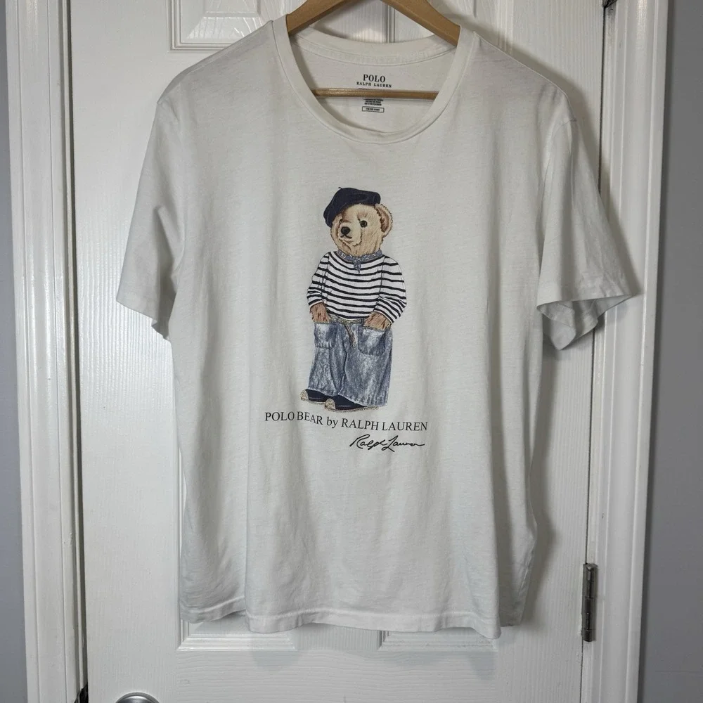 POLO RALPH LAUREN Icon Bear Denim Beret Crew T Shirt White Big Shirt Sz‎ XL